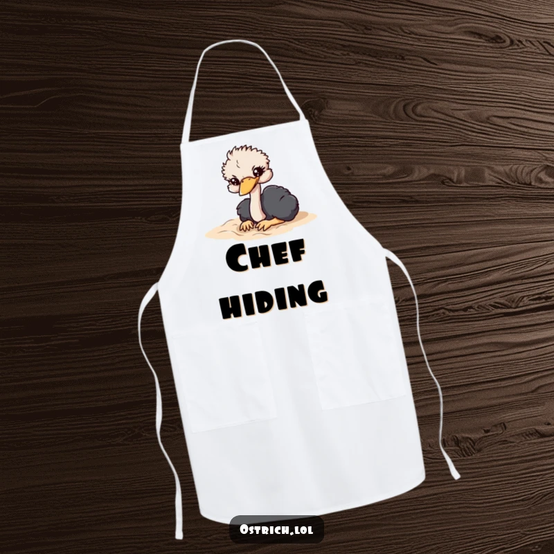 Funny apron featuring an ostrich character dramatically burying its head in soft sand, ready for kitchen chaos.