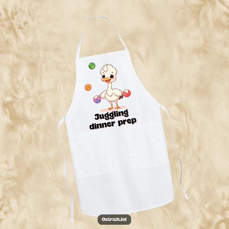 Funny cheerful ostrich juggling colorful balls on an apron, a practical and humorous funny kitchen gift.