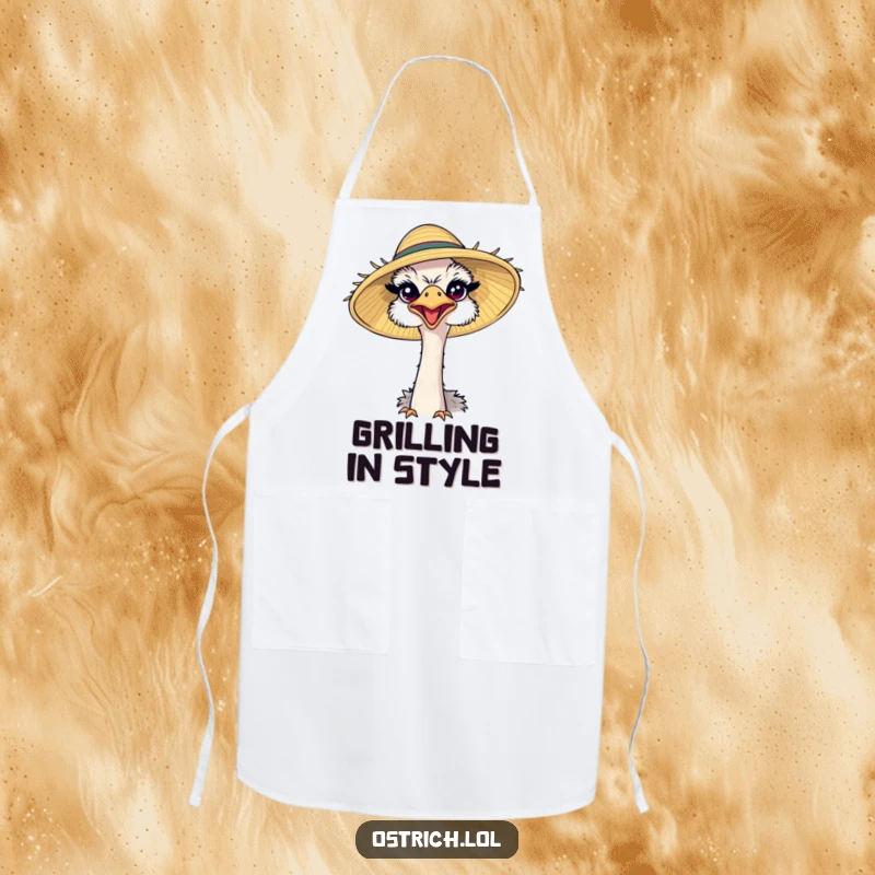 Funny ostrich wearing a comically large sun hat, squinting happily on a kitchen apron, a humorous and practical accessory.