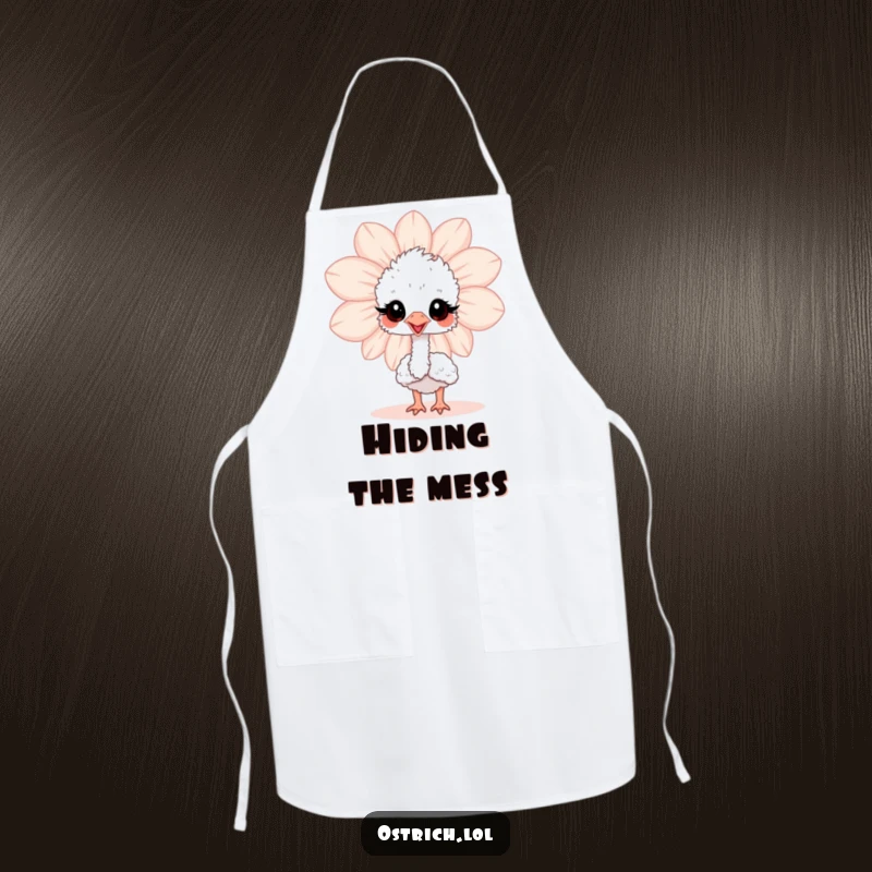Funny baby ostrich peeking from behind a flower on a practical apron, a humorous and useful addition to any kitchen.