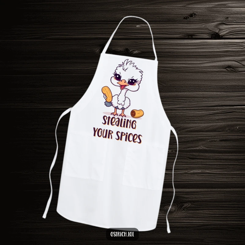 Funny ostrich apron depicting a sly bird attempting to steal a peanut, ideal for keeping clothes clean with a touch of humor.