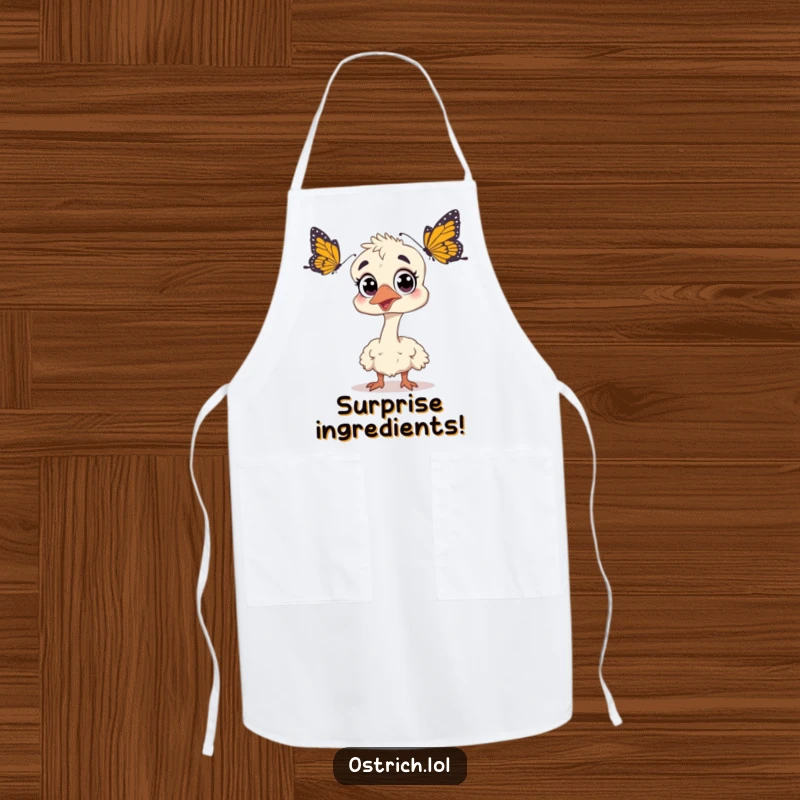 Funny ostrich with wide eyes, startled by a butterfly, on a kitchen apron, showcasing culinary humor and surprise, great gift.