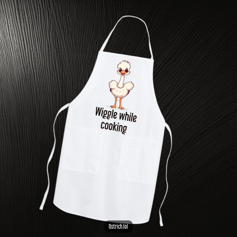 Funny apron for cooking, showing a long-necked ostrich enthusiastically performing a silly dance. Practical and humorous for the kitchen.