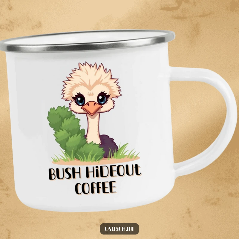 Funny Ostrich Peeking Camping Mug, a shy character peeking from behind foliage, adding fun to outdoor trips.