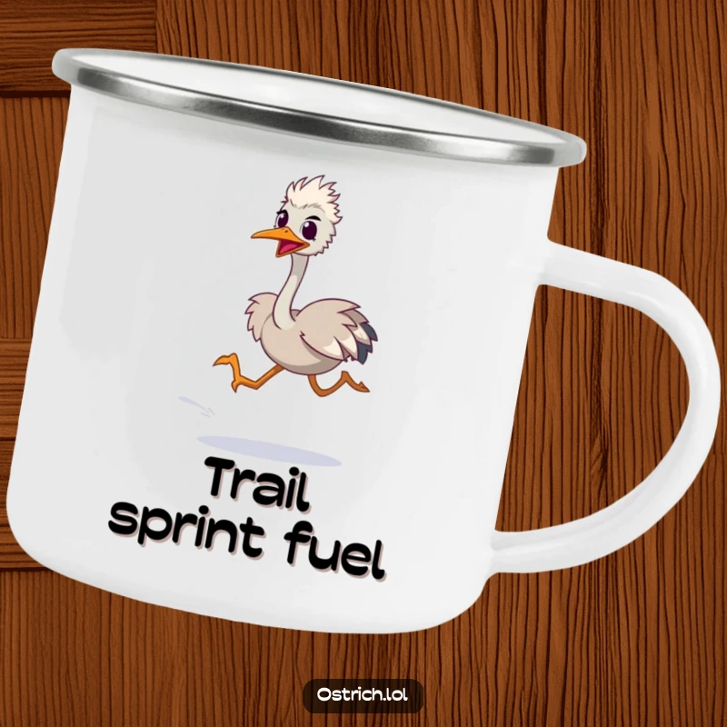 Funny camping mug with an ostrich character in a high-speed, blurred sprint, perfect for adventurous souls who move quickly.