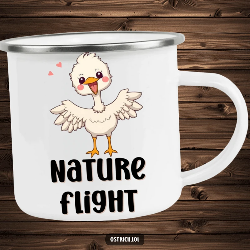 Funny camping mug showing a joyful ostrich character happily flapping its tiny wings with excitement during an adventure.