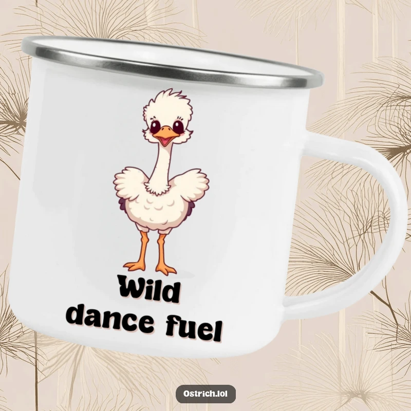 Funny camping mug showing a long-necked ostrich doing a silly dance. Ideal for hot or cold beverages on the go.