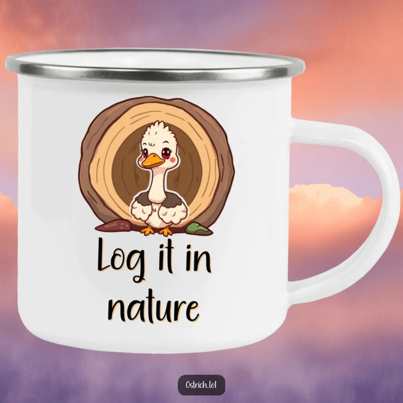 Funny cute ostrich peeking out of a hollow log on a sturdy camping mug, perfect for enjoying drinks during explorations.