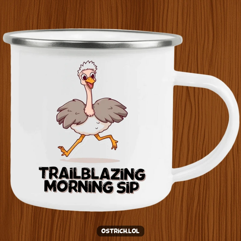 Funny Ostrich Stride Camping Mug: A happy ostrich character taking a huge stride. Durable and fun for outdoor adventures. Gift.