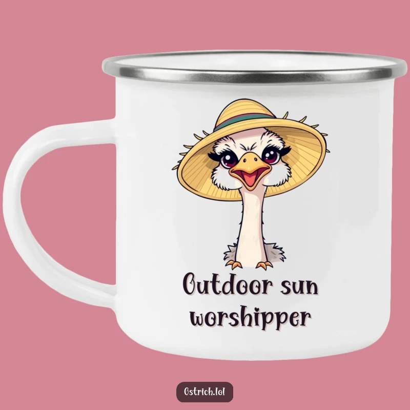 Funny Ostrich Sun Hat Camping Mug: Durable Happy Bird Cup for Outdoor Fun