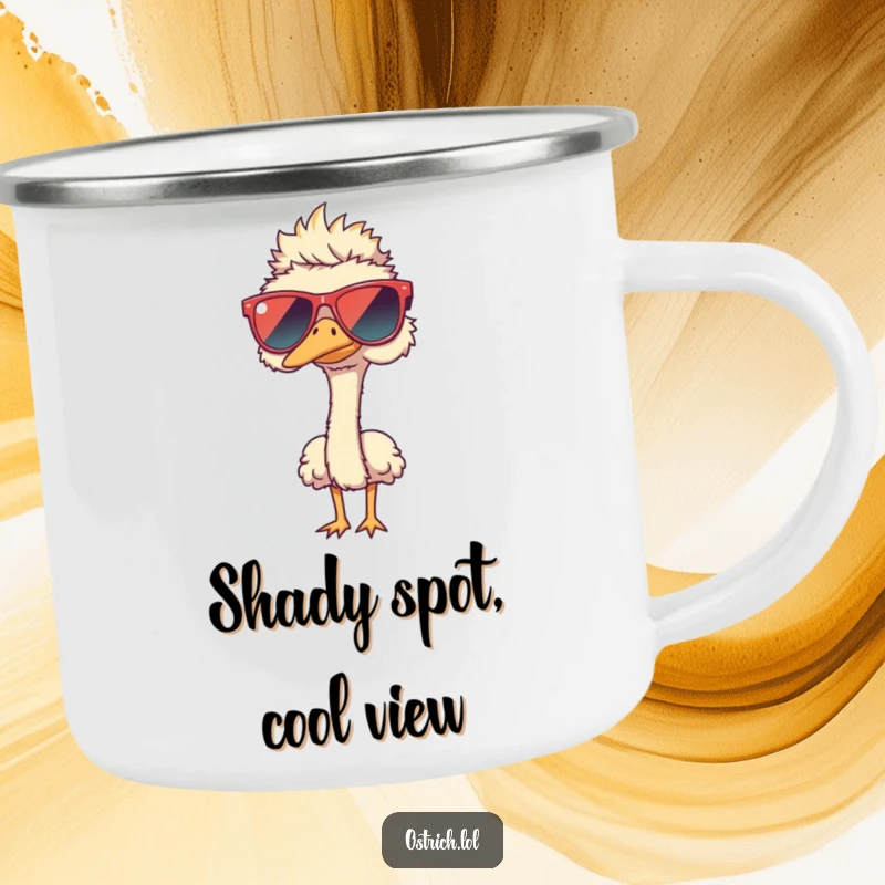 Funny ostrich wearing oversized sunglasses on a camping mug, a durable and humorous outdoor funny gift.