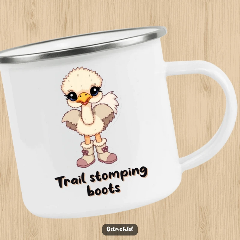 Funny camping mug with a baby ostrich character sporting oversized boots, ready for any outdoor exploration.