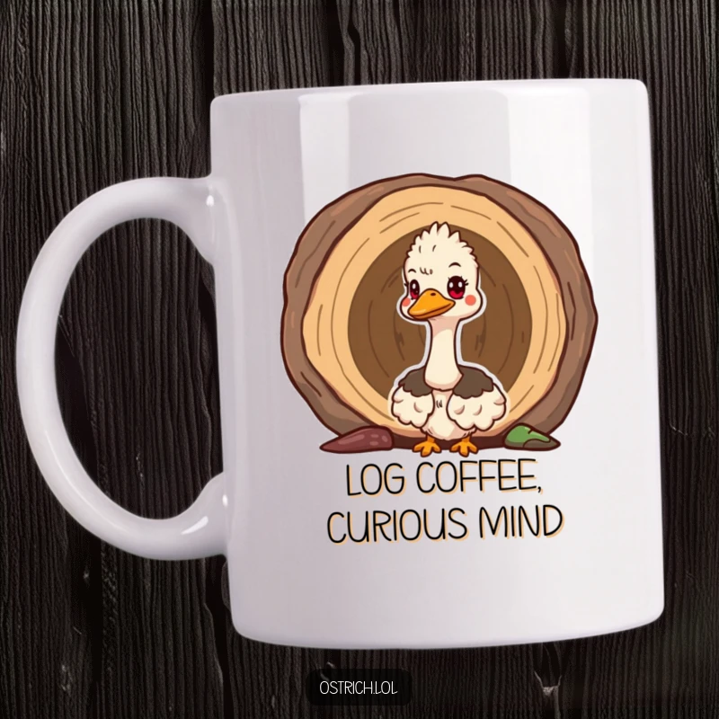 Funny cute ostrich peeking out of a hollow log on a mug, looking curious and full of playful wonder.