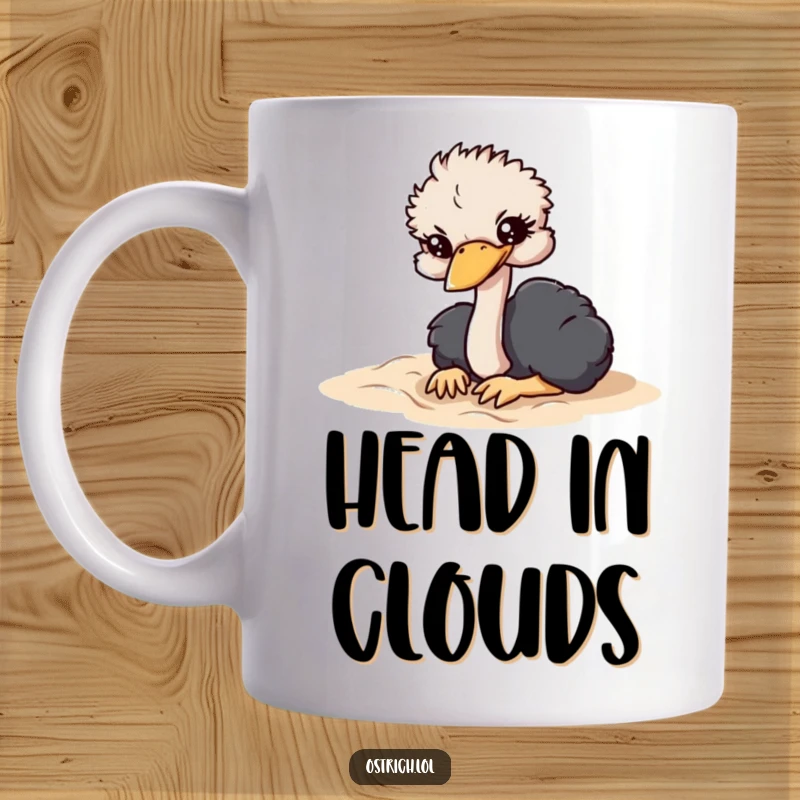 Funny mug showing an ostrich character dramatically burying its head in soft sand, embodying a humorous escape.