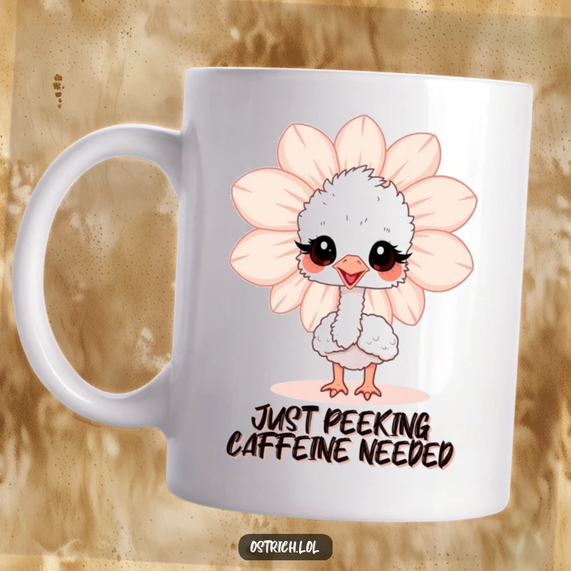 Funny baby ostrich peeking playfully from behind a giant flower on a ceramic mug, full of curiosity and charm.