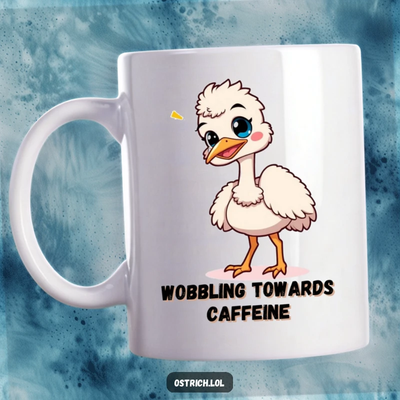 Funny ostrich character giggling uncontrollably while doing a silly, wobbly dance, captured on a delightful mug.