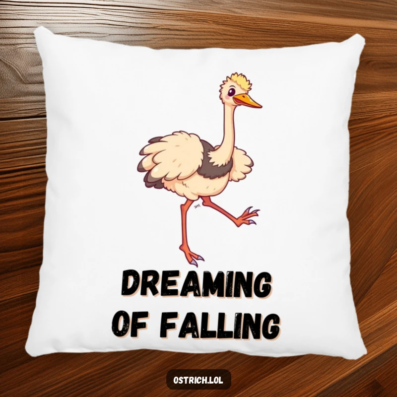 Funny ostrich pillow depicting a comical character tripping and flailing its long legs happily, perfect for cozy spaces.