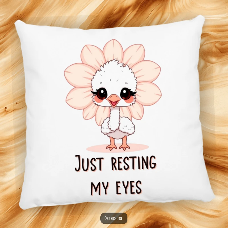 Funny baby ostrich peeking from behind a flower on a soft pillow, offering comfort and a humorous touch to home decor.