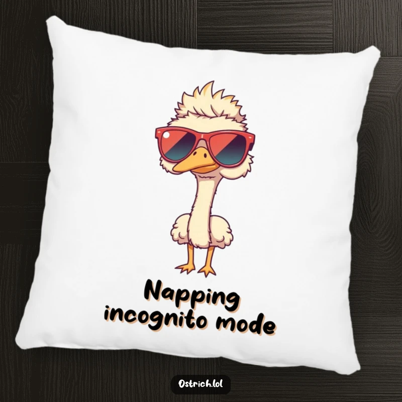 Funny ostrich wearing oversized sunglasses on a pillow, a comfortable and humorous funny gift.