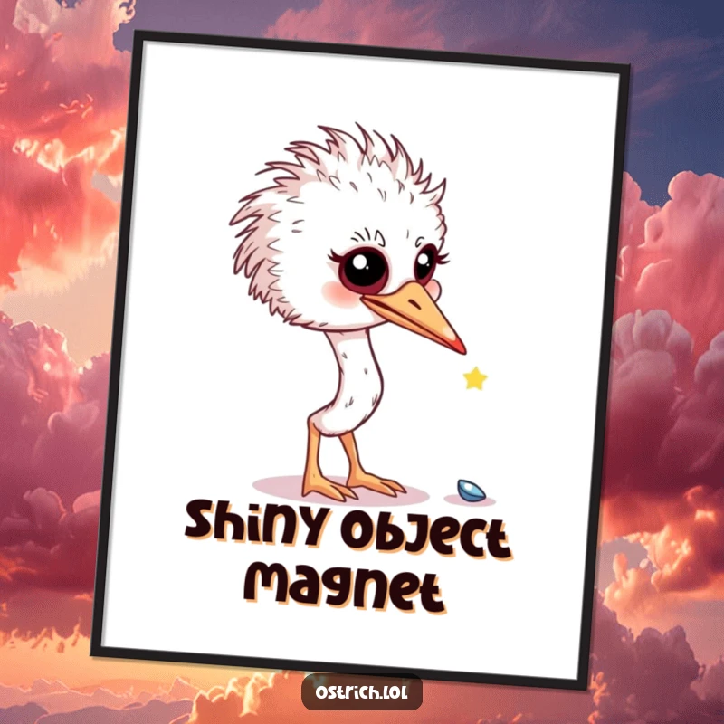 Funny curious ostrich investigating a shiny object as digital art, a whimsical and humorous instant funny gift.