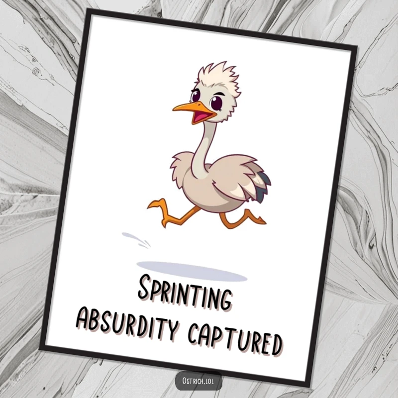 Funny digital art print of an ostrich character in a blurred sprint, symbolizing incredible speed and humorous, energetic action.