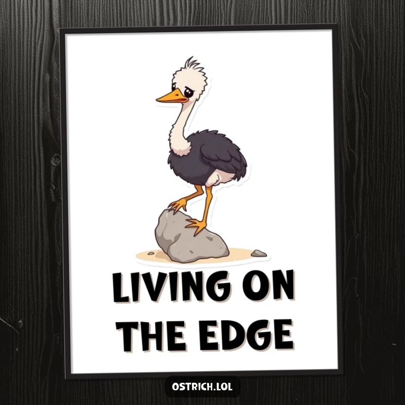 Funny digital art print of a wobbly ostrich character balancing a small rock, offering instant humorous wall decor.