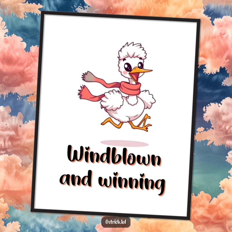 Funny ostrich running with a scarf flowing as digital art, a dynamic and humorous instant funny gift.