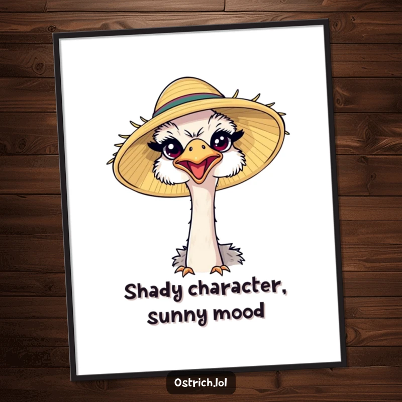 Funny ostrich wearing a comically large sun hat, squinting happily, a cheerful digital art print for instant download and display.