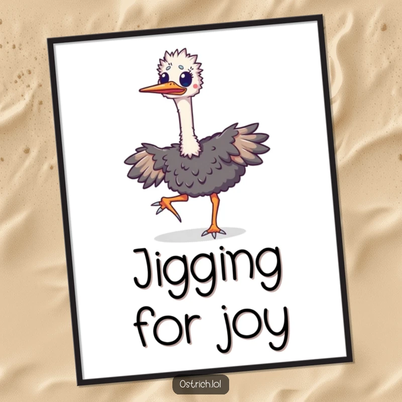 Funny ostrich digital art print of an ecstatic bird doing a happy jig, its long neck exuding pure, unadulterated joy and lively energy.