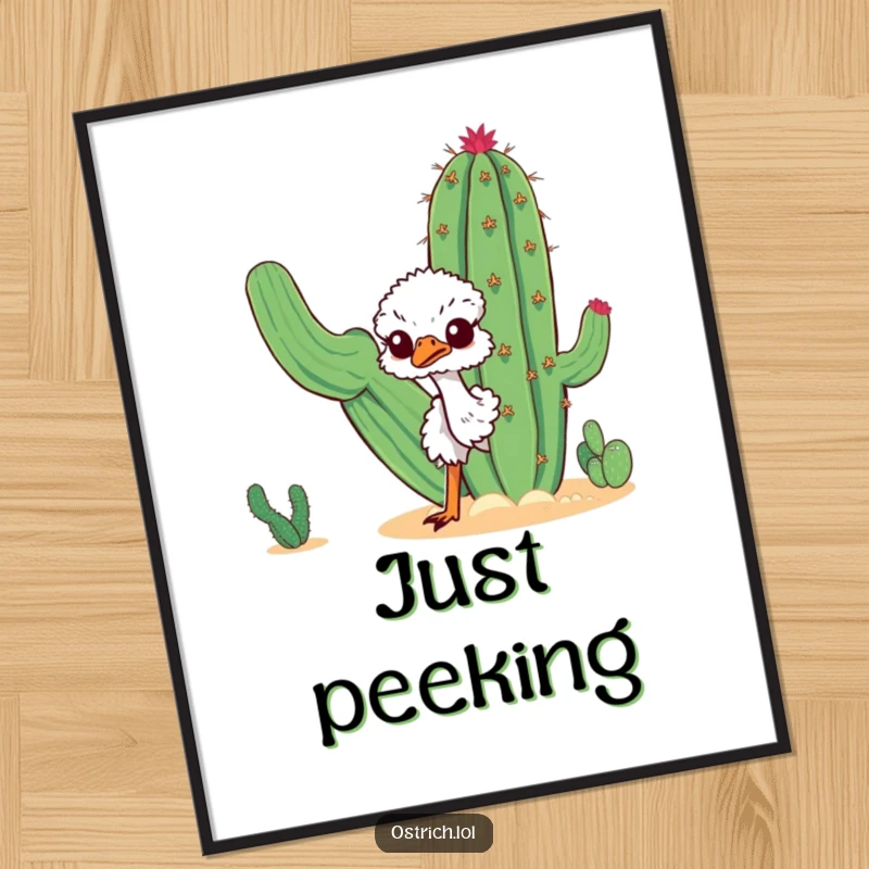 Funny curious ostrich peeking around a desert cactus, a whimsical digital art print for instant download and decor, perfect gift.