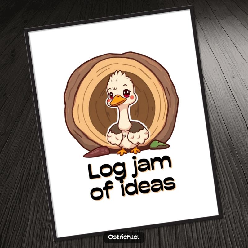 Funny cute ostrich peeking out of a hollow log, a curious and intriguing digital art print for instant download and display.