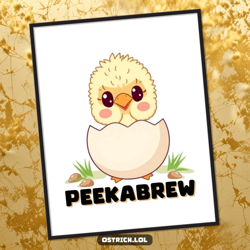 Funny, cute ostrich chick peeking from behind a large egg, created as a digital art print, bringing adorable humor to any space.