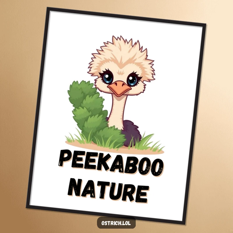 Funny Ostrich Peeking Digital Art Print, a shy character peeking from behind a bush, ready to surprise.