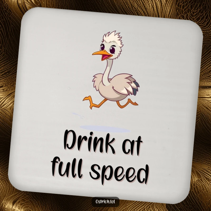 Funny drink coasters showcasing an ostrich character in a blurred sprint, adding a humorous and energetic vibe to any surface.