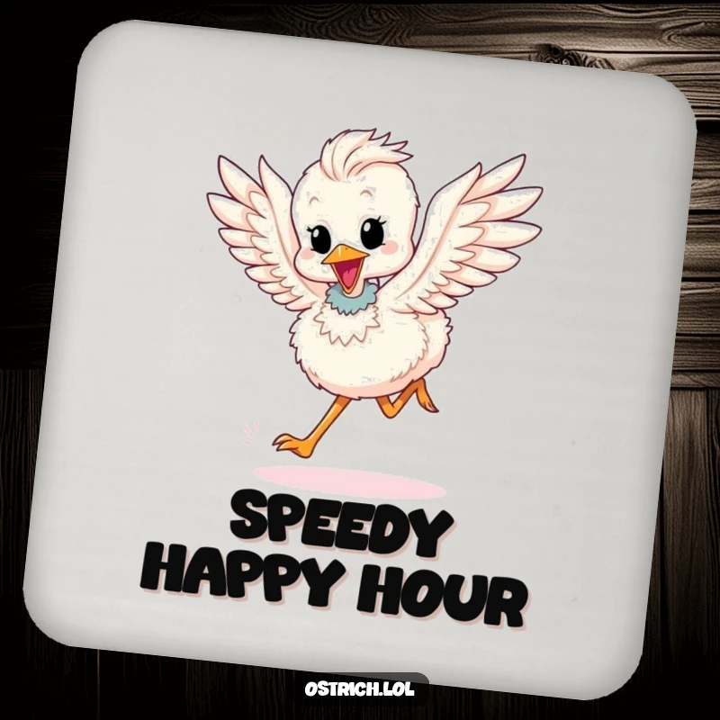 Funny drink coasters: A cute ostrich chick character running, flapping wings, adding speed to your surfaces.