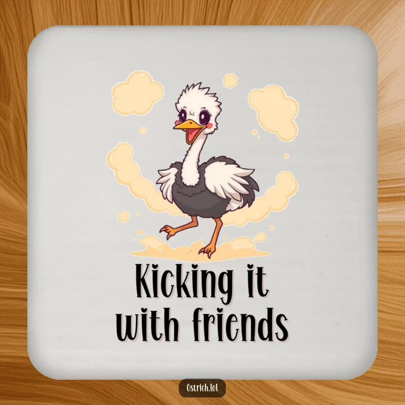 Funny ostrich character kicking up dust, displayed on a durable drink coaster, adding a humorous touch to any surface.