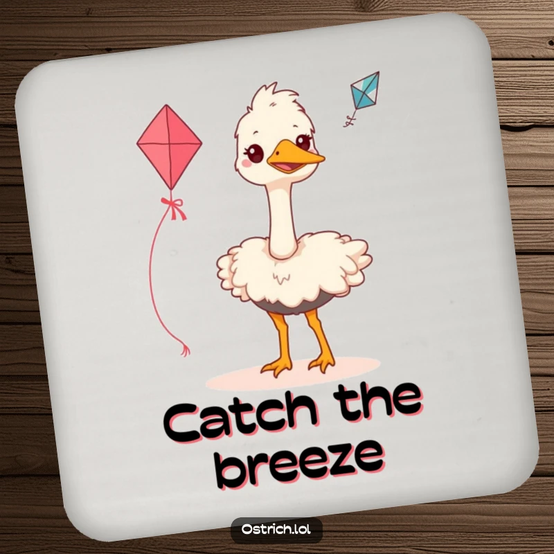 Funny ostrich coaster featuring a grinning bird making a valiant effort to fly a kite, offering surface protection with a humorous and inspiring design.