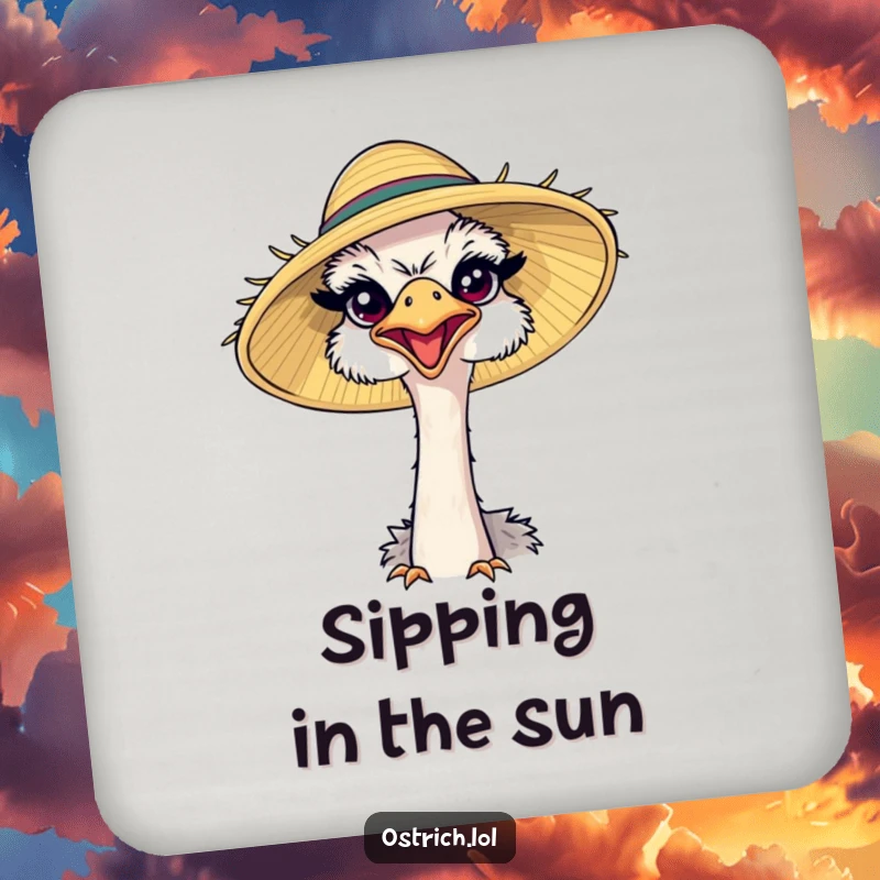 Funny ostrich wearing a comically large sun hat, squinting happily on a drink coaster, adding a humorous touch to beverage service.
