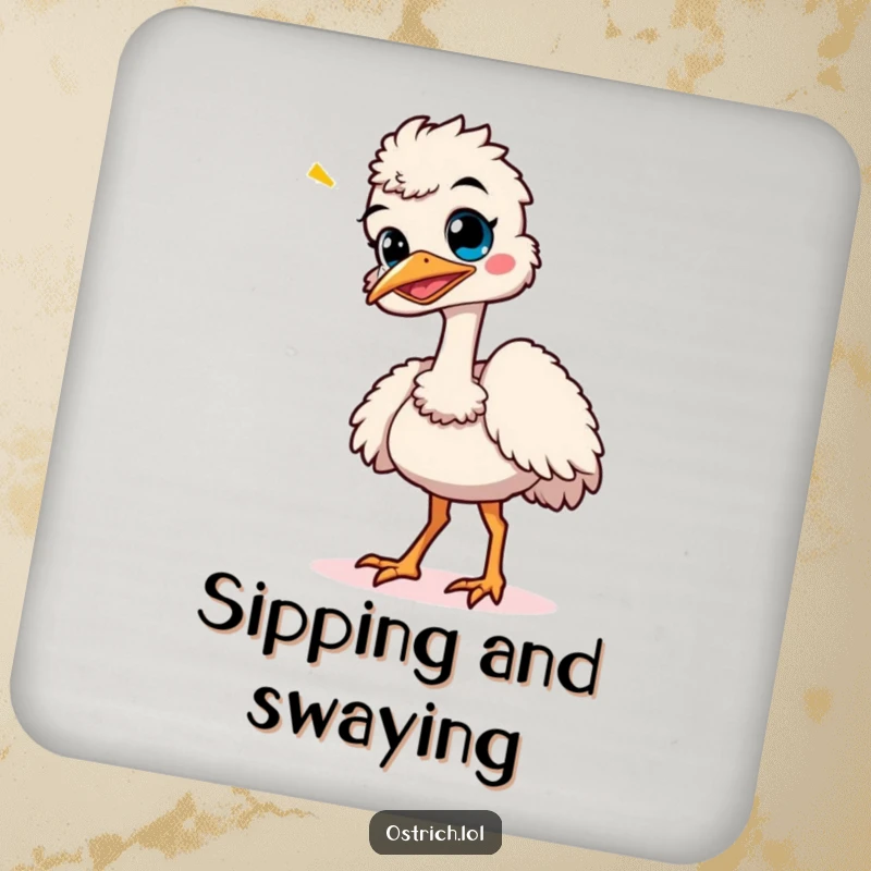 Funny ostrich character giggling and doing a wobbly dance, featured on a humorous drink coaster.