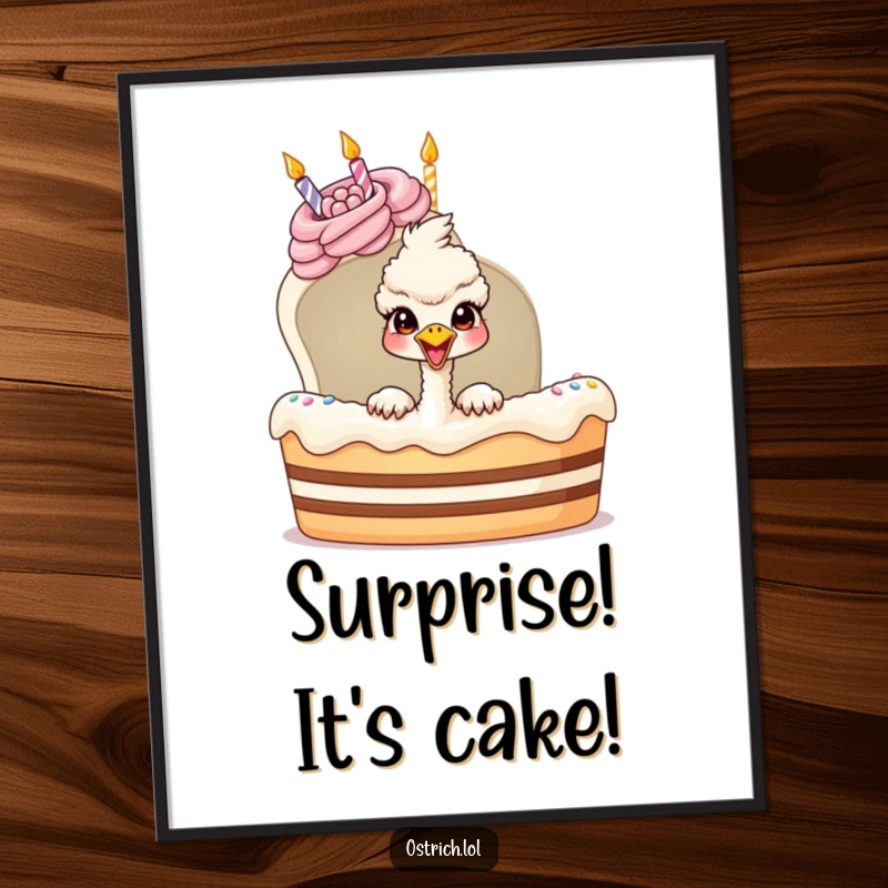 Funny ostrich bursting out of a giant birthday cake on a poster, a whimsical and humorous wall art gift.