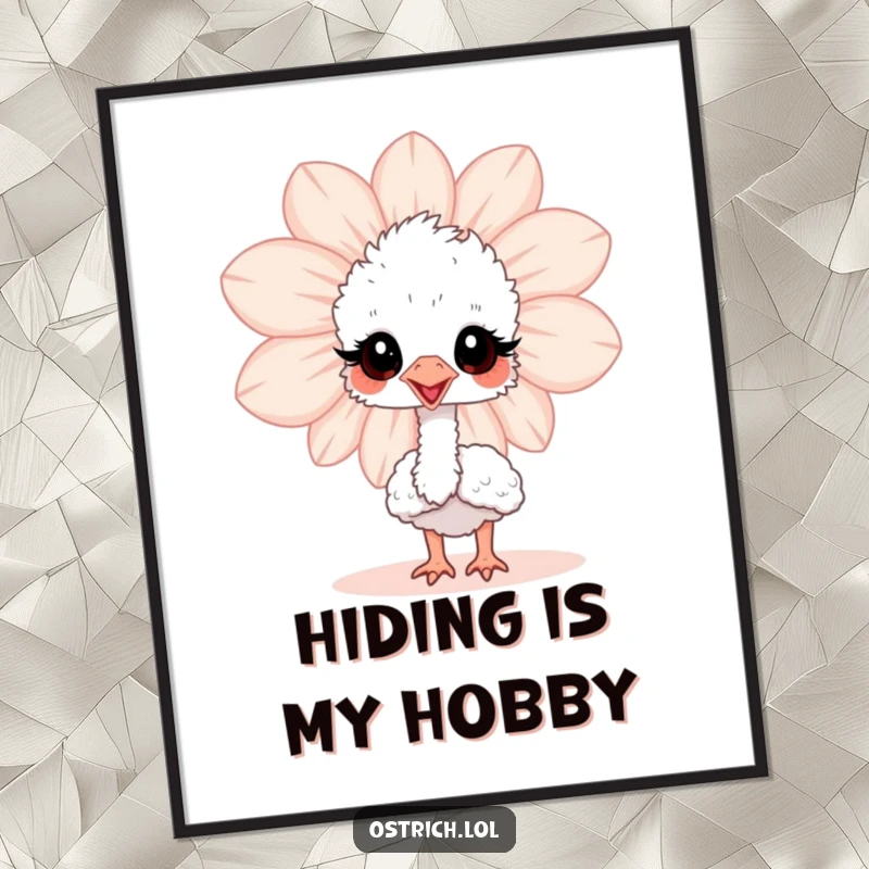 Funny baby ostrich peeking playfully from behind a giant flower on a vibrant poster, a charming and humorous piece of wall decor.