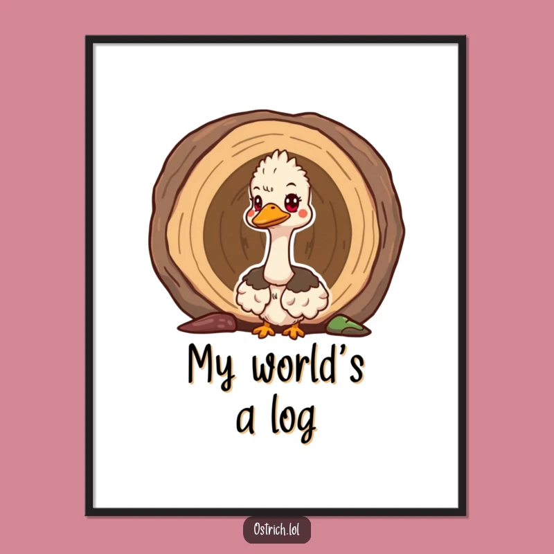 Funny Ostrich Log Peek Poster: Curious Bird Art for Intriguing Decor