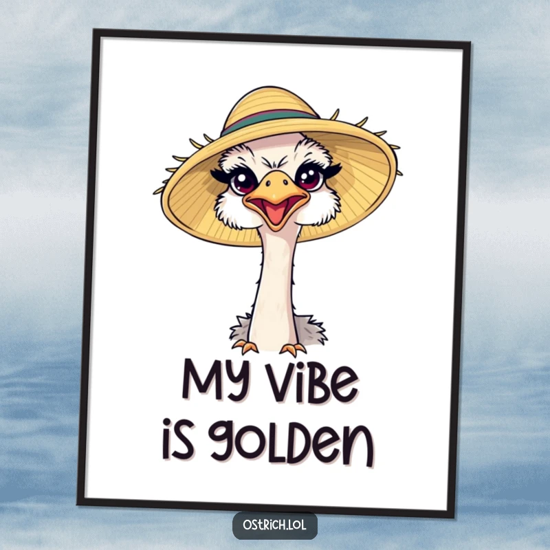 Funny ostrich wearing a comically large sun hat, squinting happily on a poster, bringing sunshine and humor to wall decor.