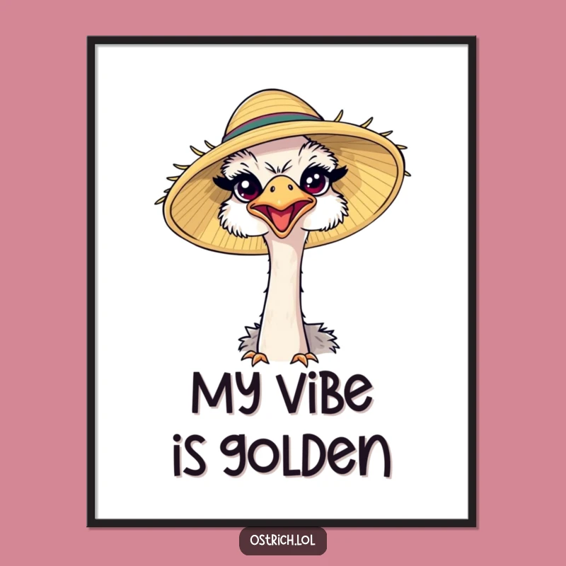 Funny Ostrich Sun Hat Poster: Happy Bird Art for Cheerful Wall Decor