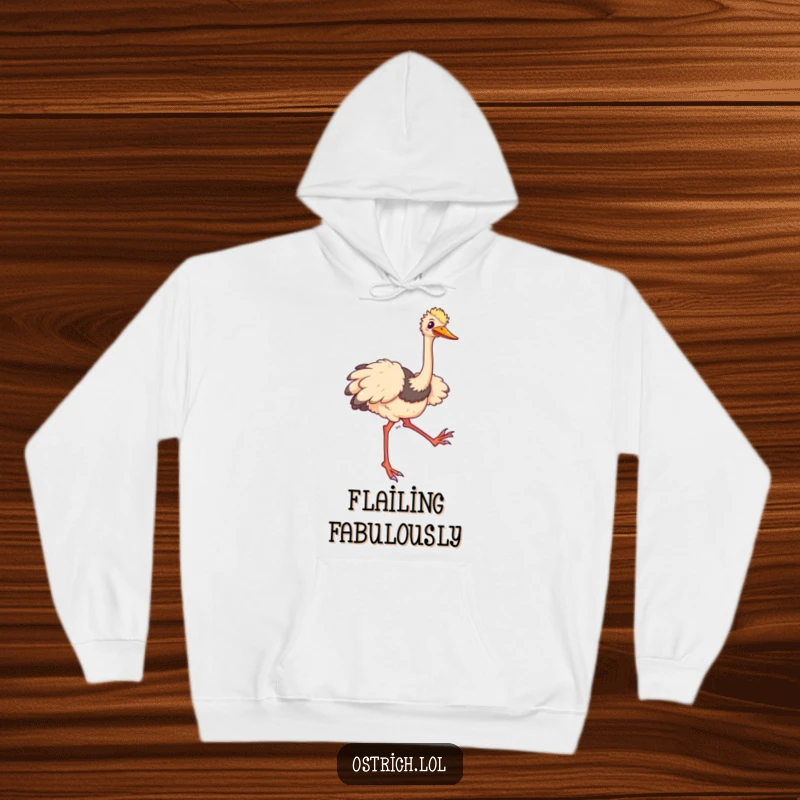 Funny ostrich hoodie with a comical character tripping and flailing its long legs happily, offering cozy humor.