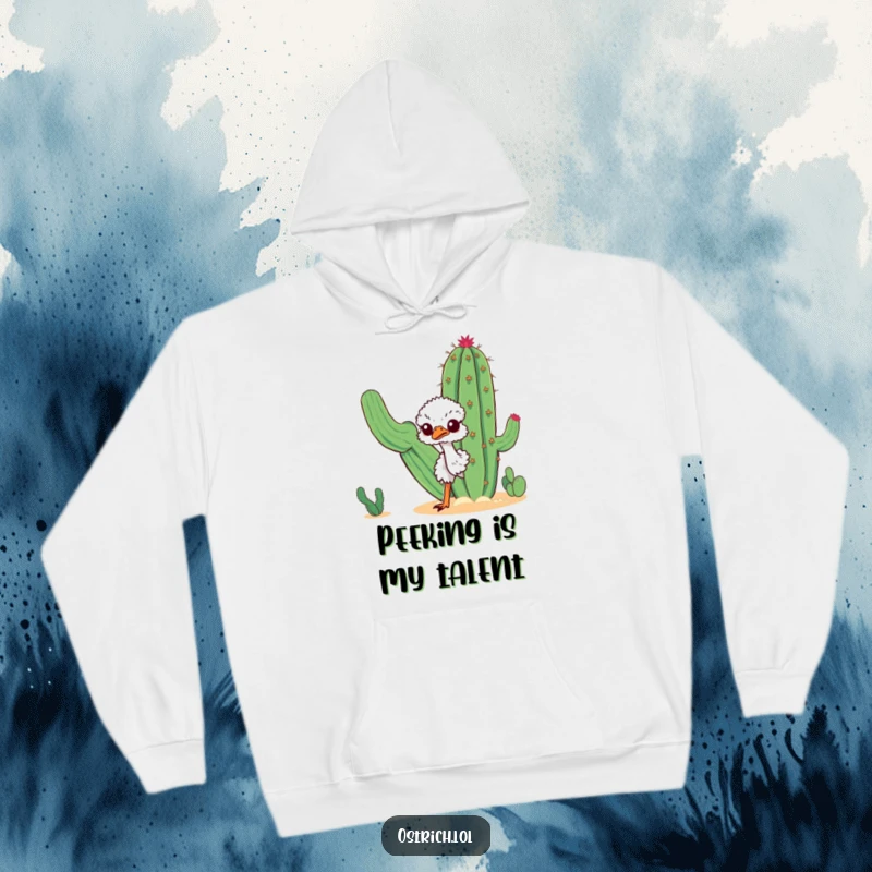Funny curious ostrich peeking over a tall desert cactus, expressing curiosity and mischief, perfect for a cozy and funny hoodie.