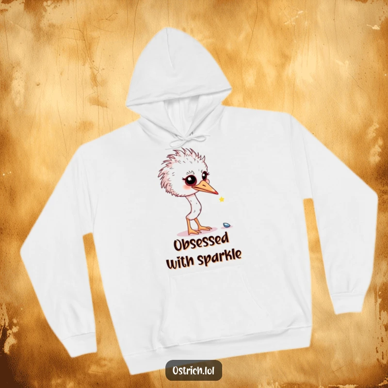 Funny curious ostrich investigating a shiny object on a hoodie, a cozy and humorous funny gift for thinkers.
