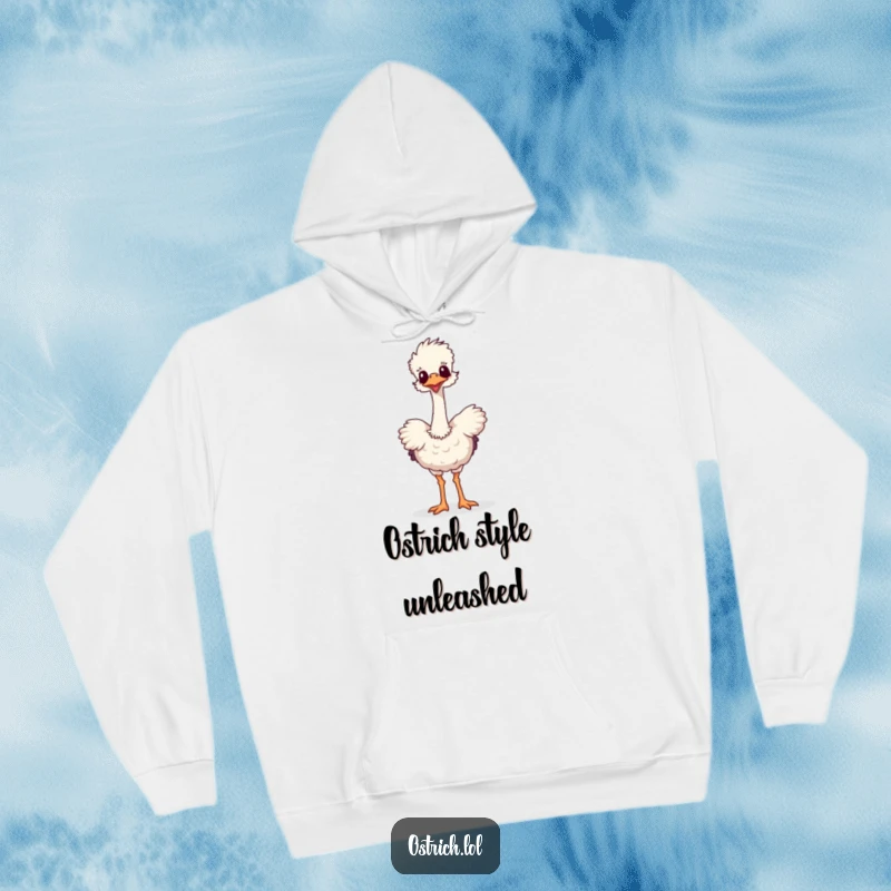 Funny hoodie depicting a long-necked ostrich performing a comically silly dance. Soft, warm, and incredibly amusing for all ages.