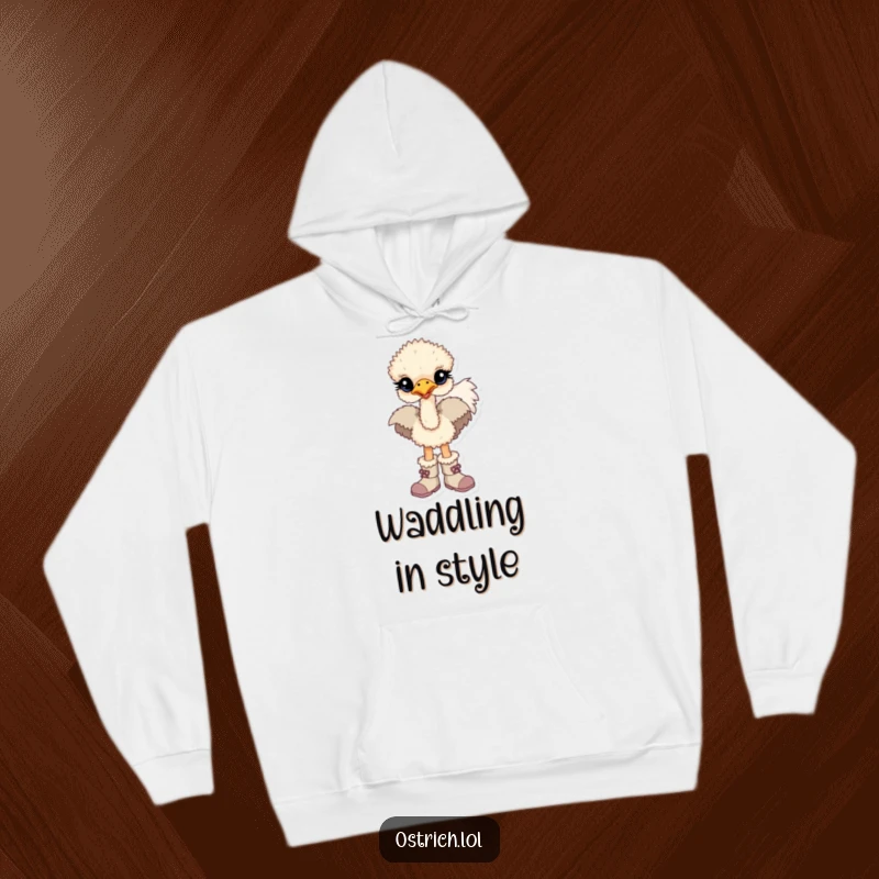 Funny hoodie featuring a baby ostrich character trying its best to walk in comically large, oversized boots.