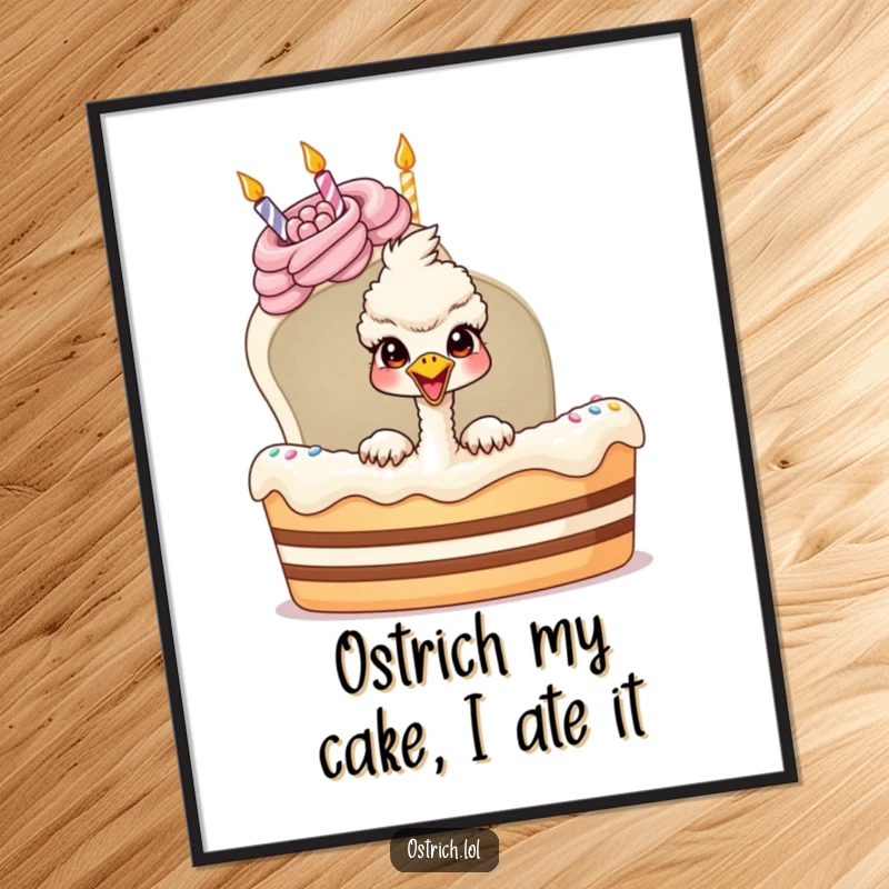 Funny free printable wall art of a happy ostrich peeking from a giant birthday cake, a humorous and quirky decoration.